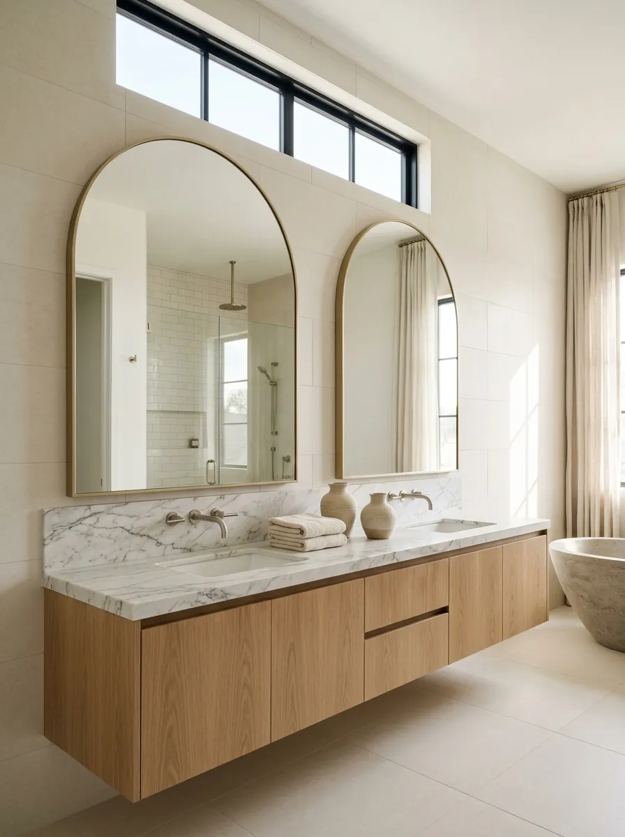 Arched Mirrors Soften Hard Bathroom Lines