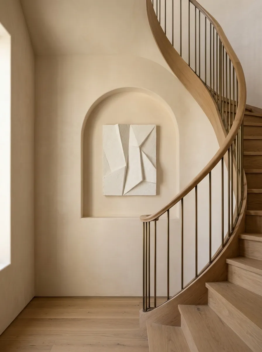 Arched Stair Niche With Sculptural Wall Art