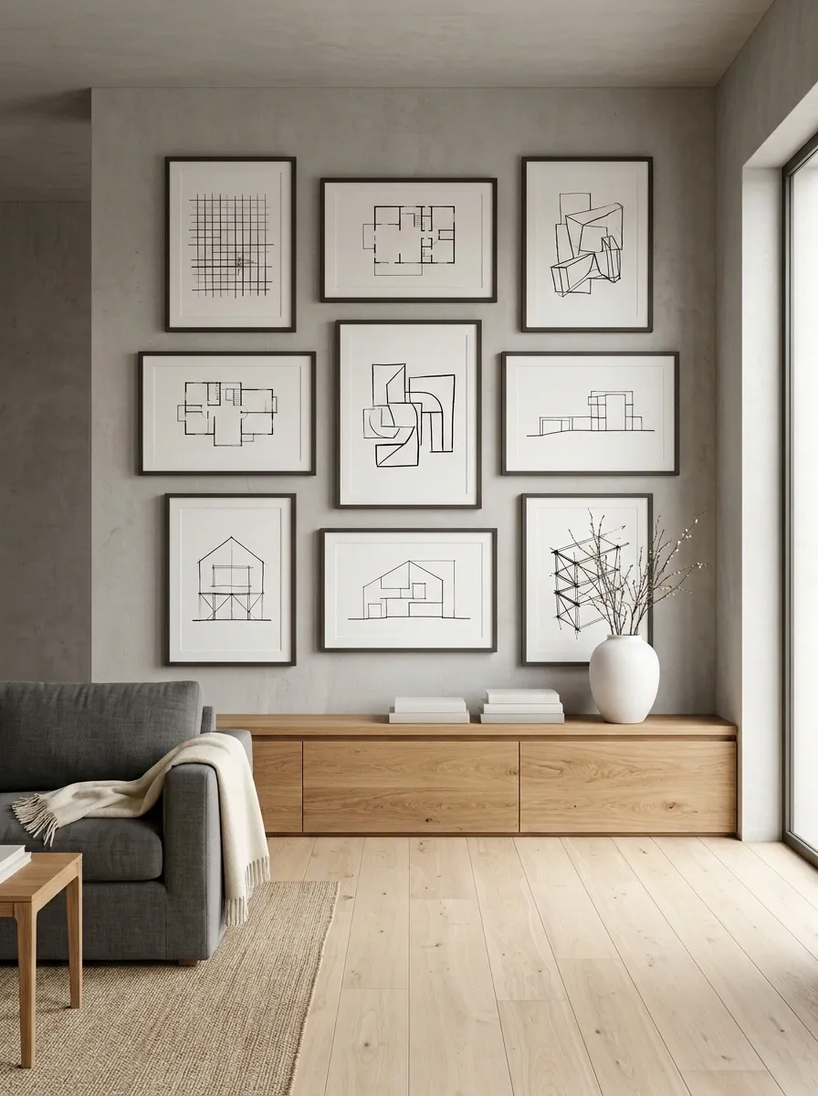 Architectural Gallery Wall With Oversized Line Drawings