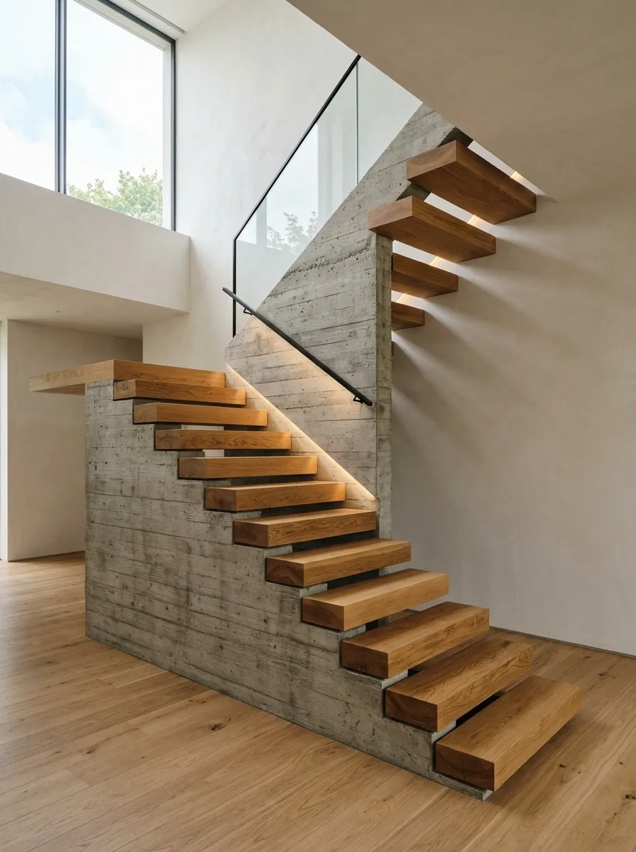 Architectural Staircase With Concrete and Floating Timber Steps