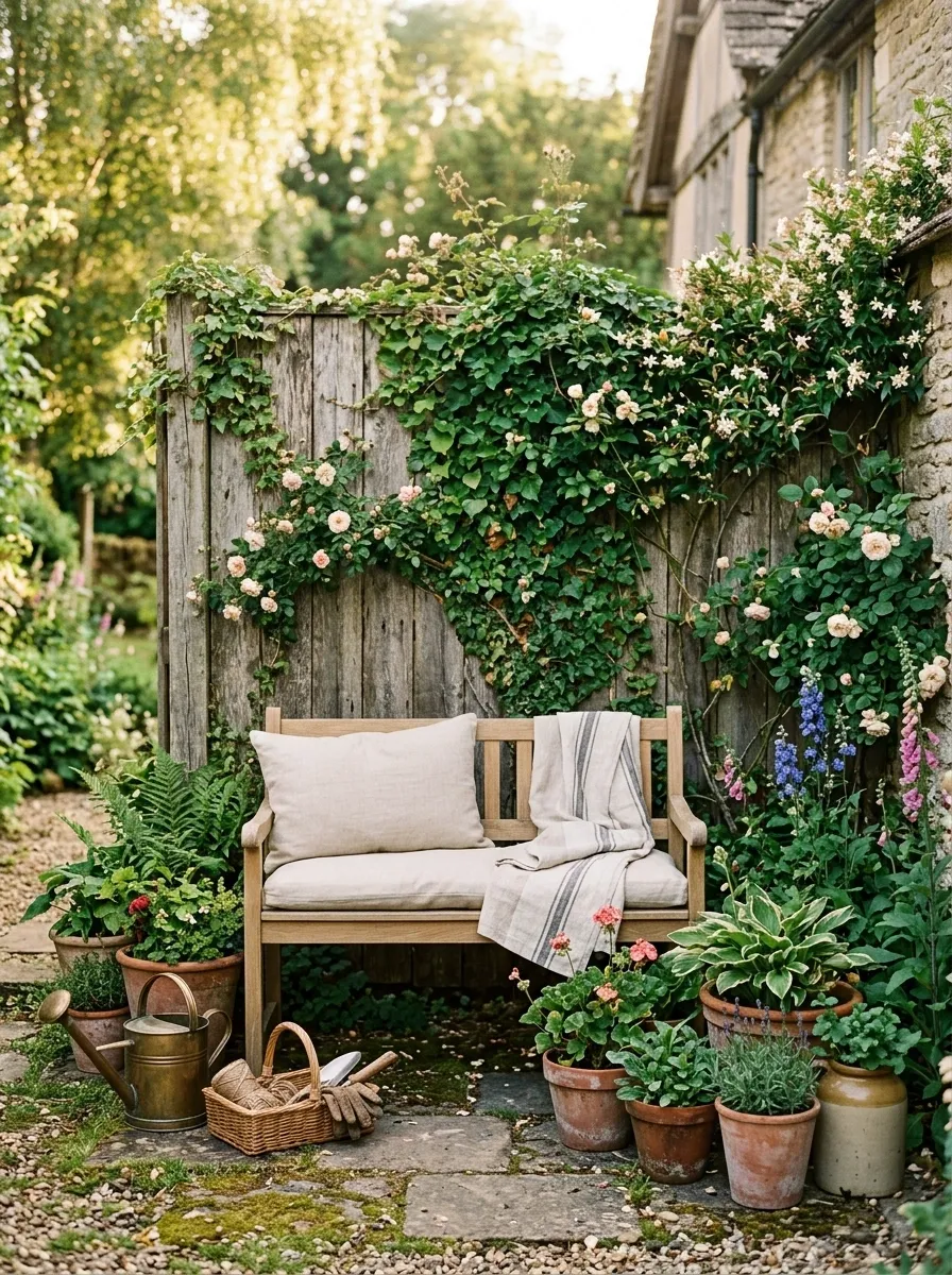 Backyard Cottage Corner With Climbing Plants