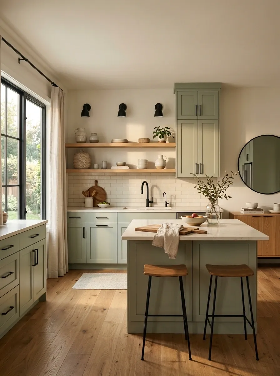Balance Sage Green With Black Lighting and Hardware