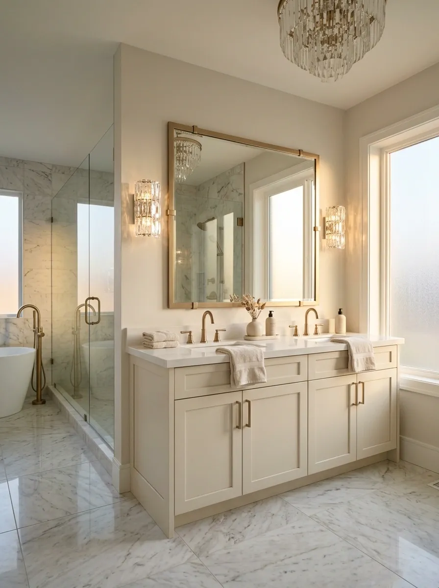 Bedazzled Bathroom With Marble, Champagne Metal, and Crystal Lighting