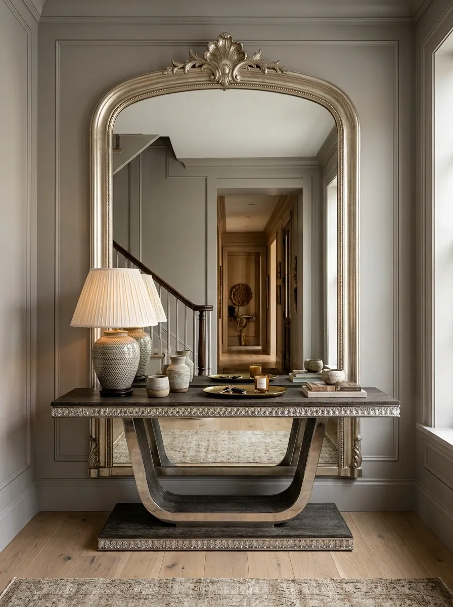 Bedazzled Entryway With a Sculptural Console and Oversized Mirror