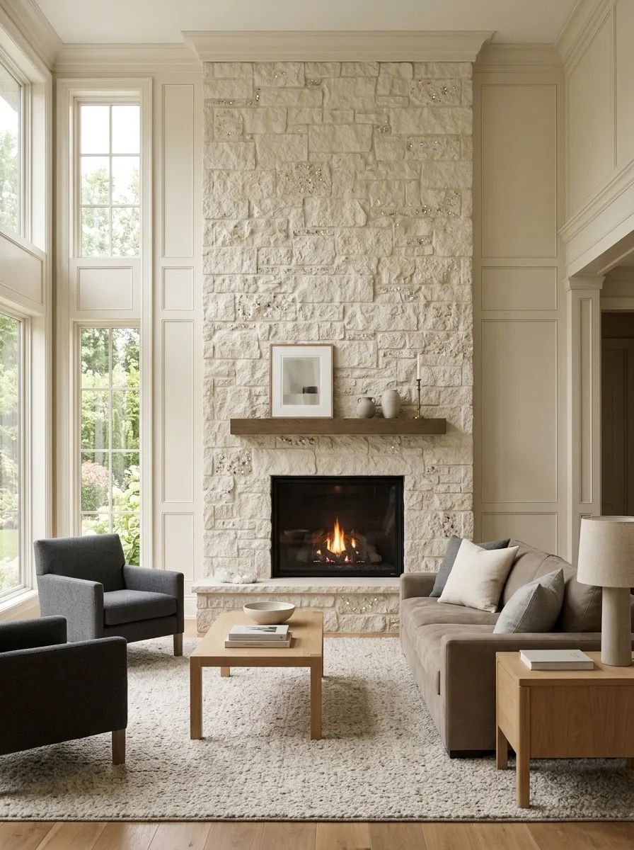 Bedazzled Fireplace Wall With Quiet Surrounding Furniture