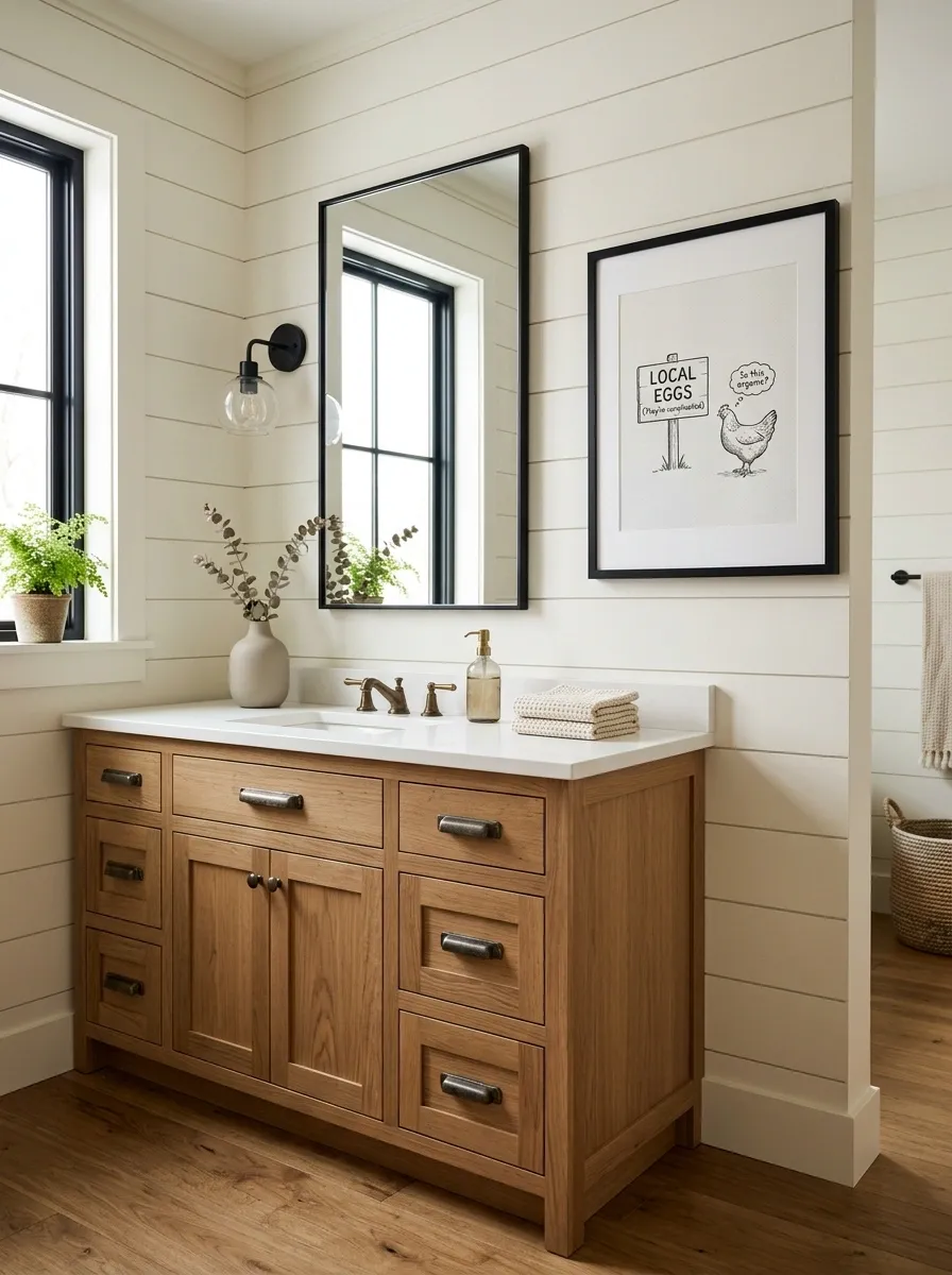 Black-and-Cream Farmhouse Bathroom With Dry Country Humor