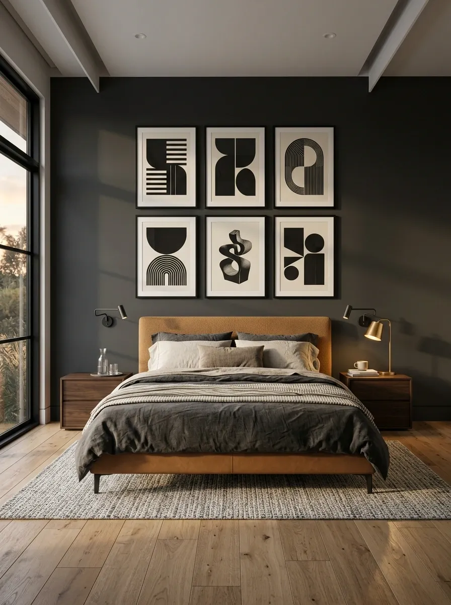 Black-and-Cream Graphic Posters in a Moody Modern Bedroom