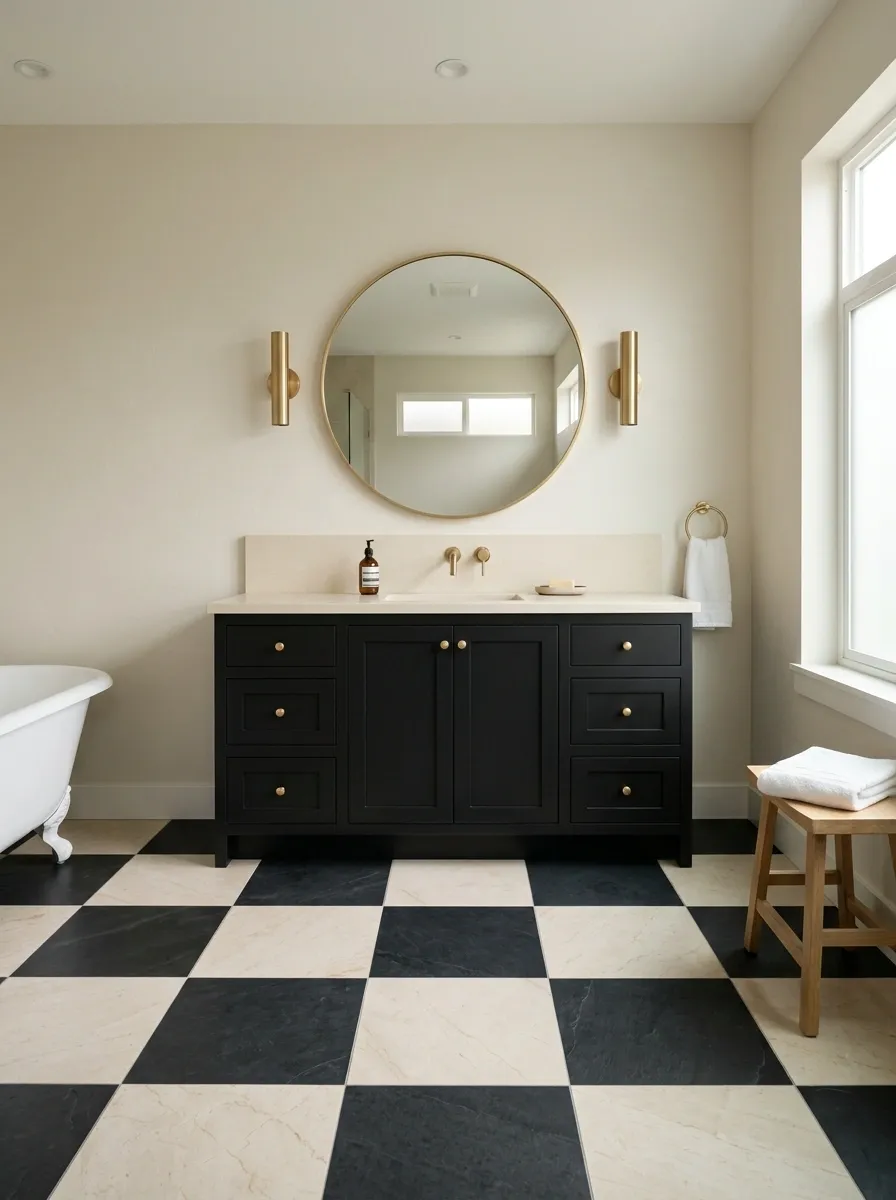 Black and Gold Bathroom With Checkerboard Stone Floor