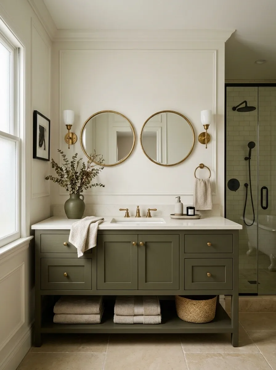 Black and Gold Bathroom With Olive-Toned Cabinetry