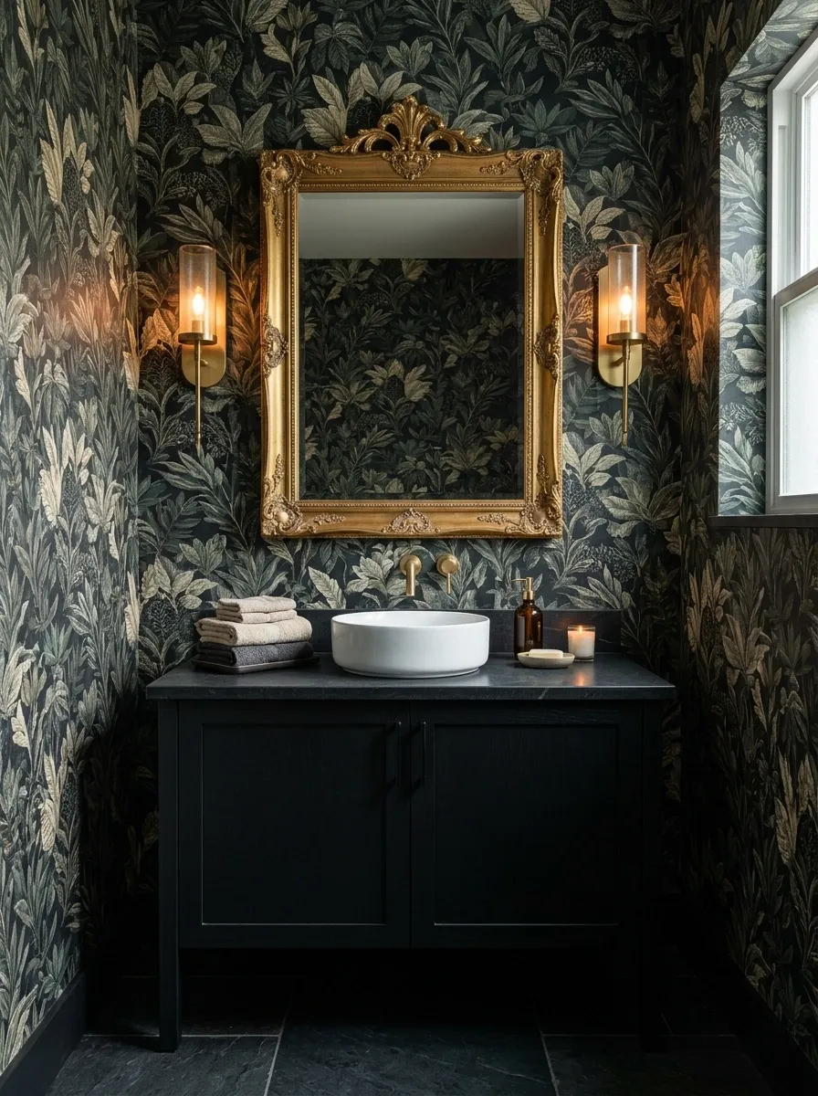 Black and Gold Powder Room With Botanical Wallpaper