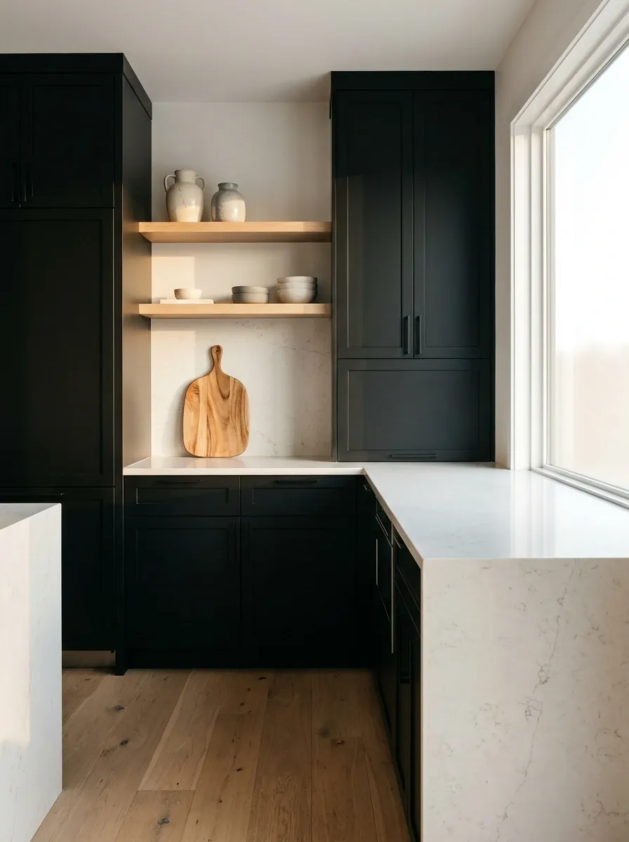 Black-and-Oak Kitchen With a Bright Prep Corner