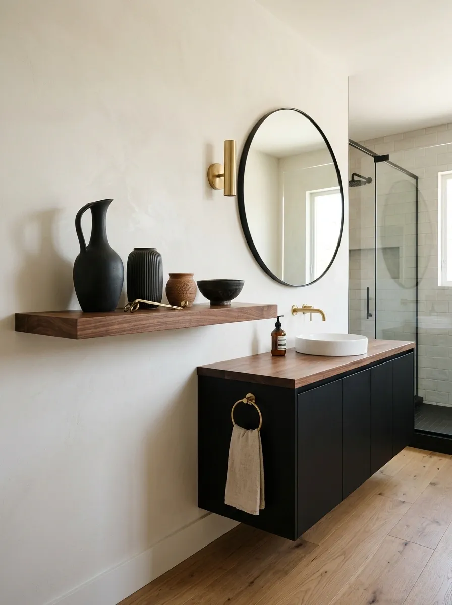 Black-and-Walnut Bathroom With Sculptural Accessories