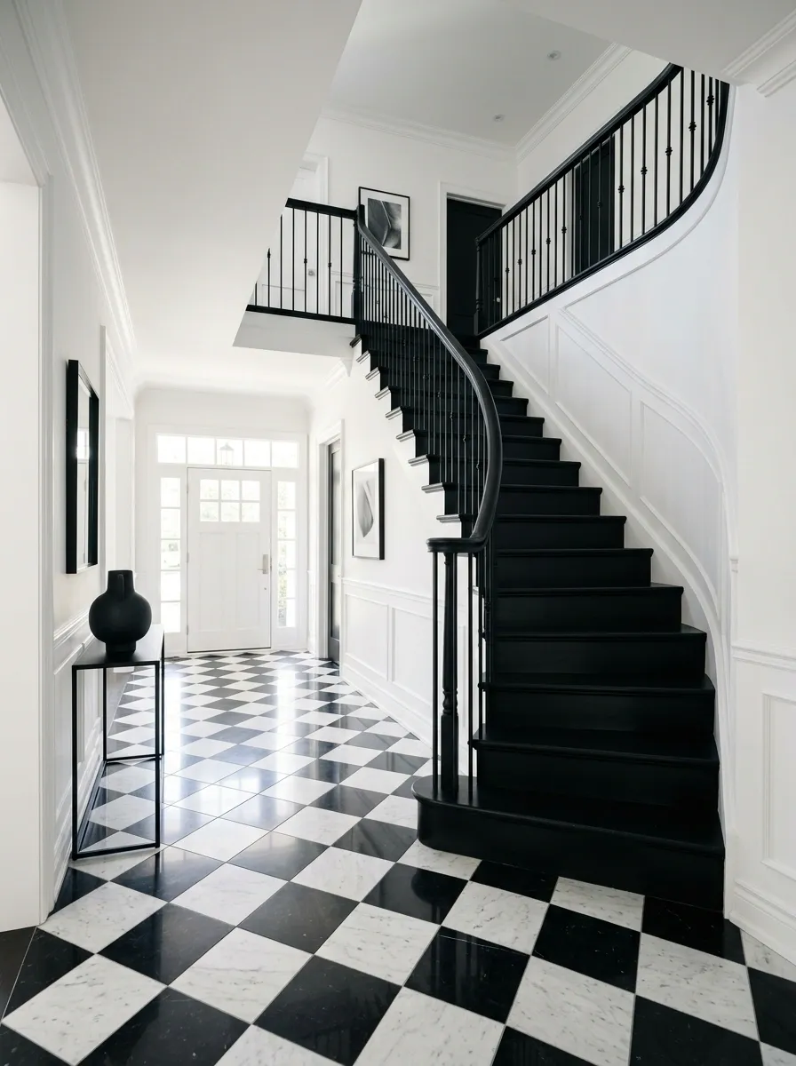 Black-and-White Staircase With Graphic Checkerboard Flooring
