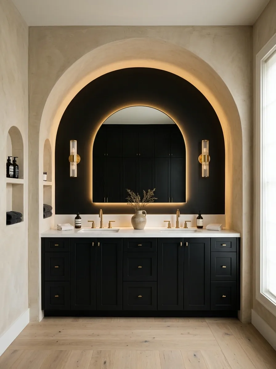 Black Arched Vanity Wall With Warm Gold Lighting