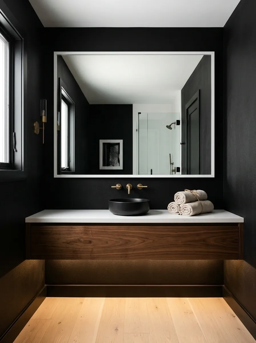 Black Bathroom With Warm Wood and Large White Mirror