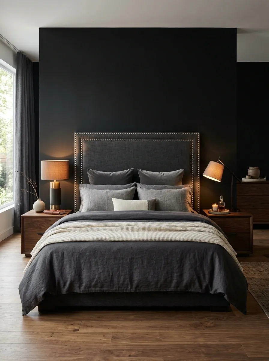 Black Bedroom With Silver Studded Upholstery and Warm Wood