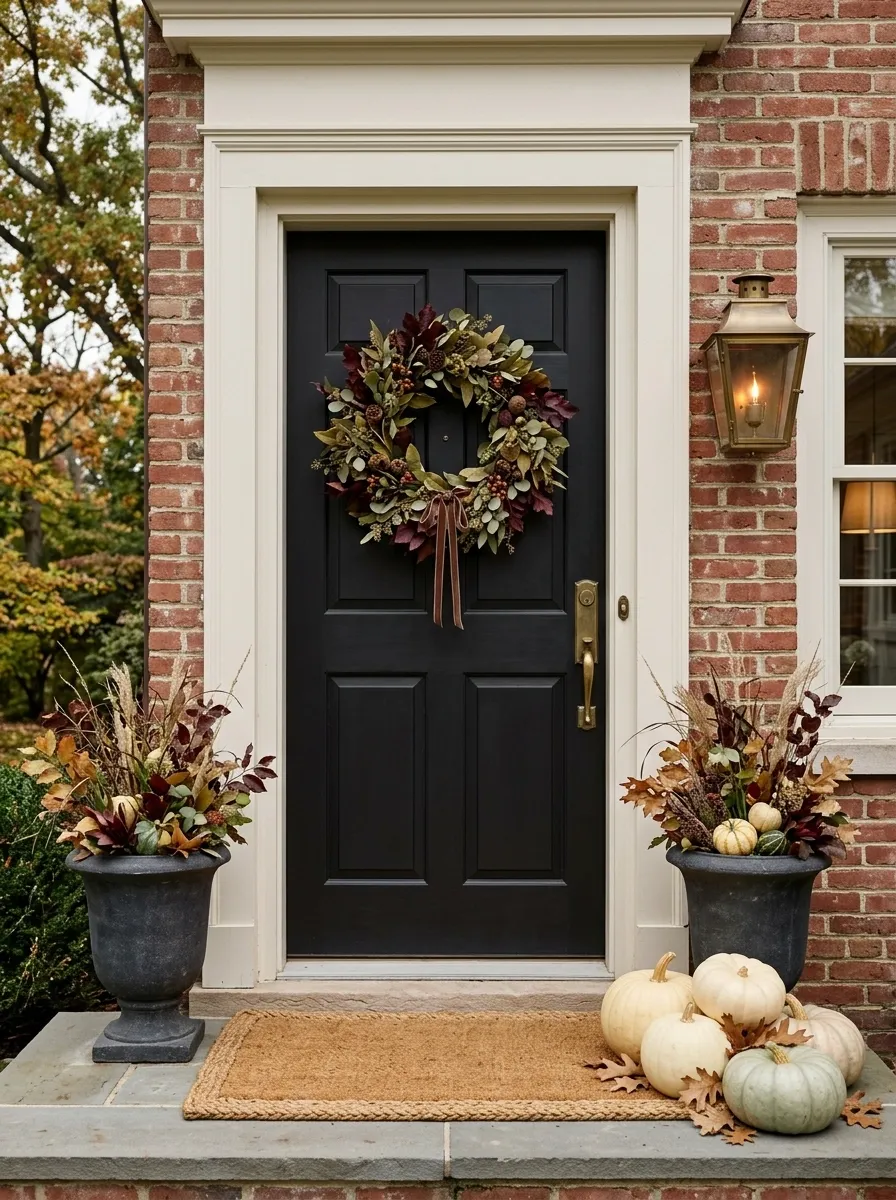Black Door With Ivory Pumpkins and Burgundy Foliage