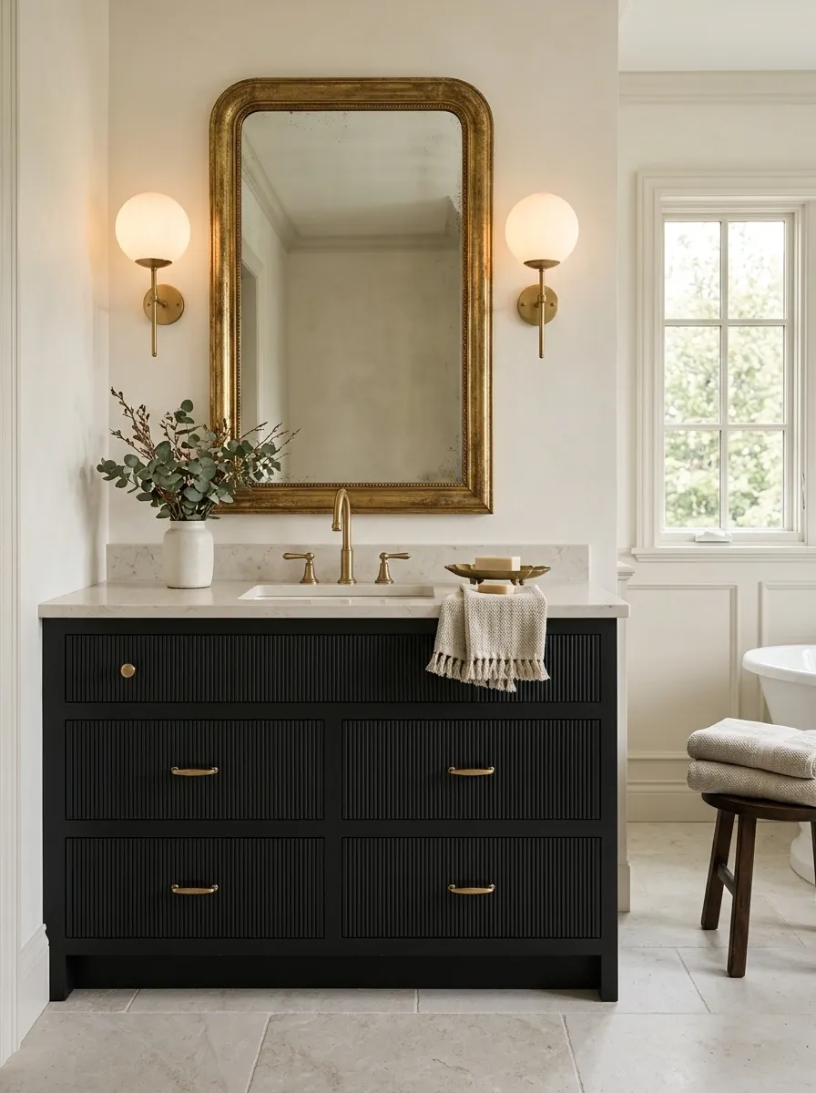 Black Fluted Vanity With Antique Gold Mirror