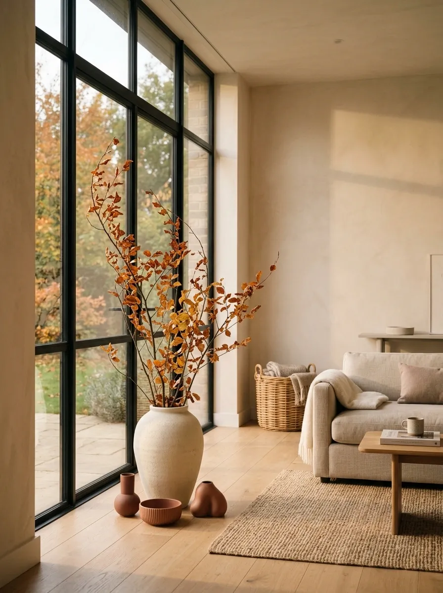 Black-Framed Window With Sculptural Autumn Branches