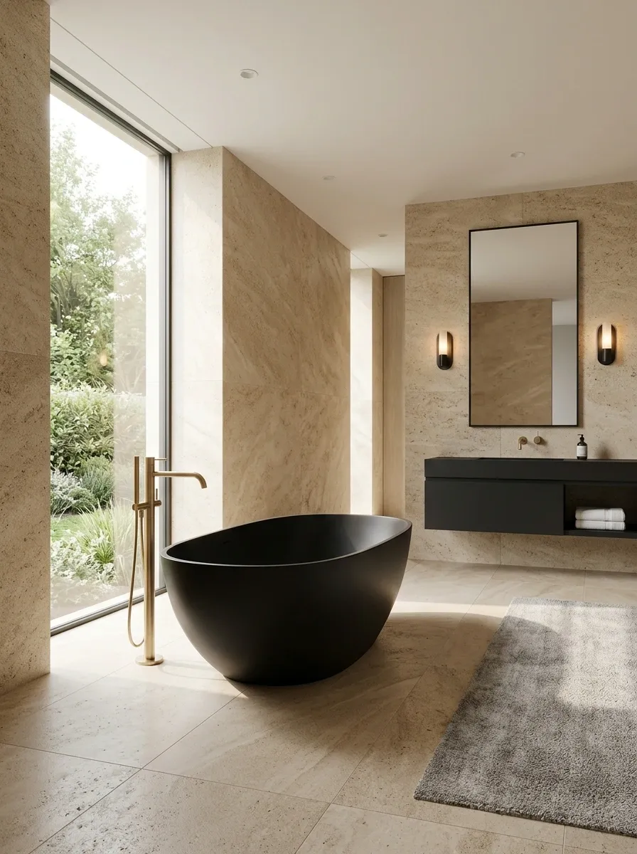 Black Freestanding Tub Bathroom With Gold Floor-Mounted Fixtures