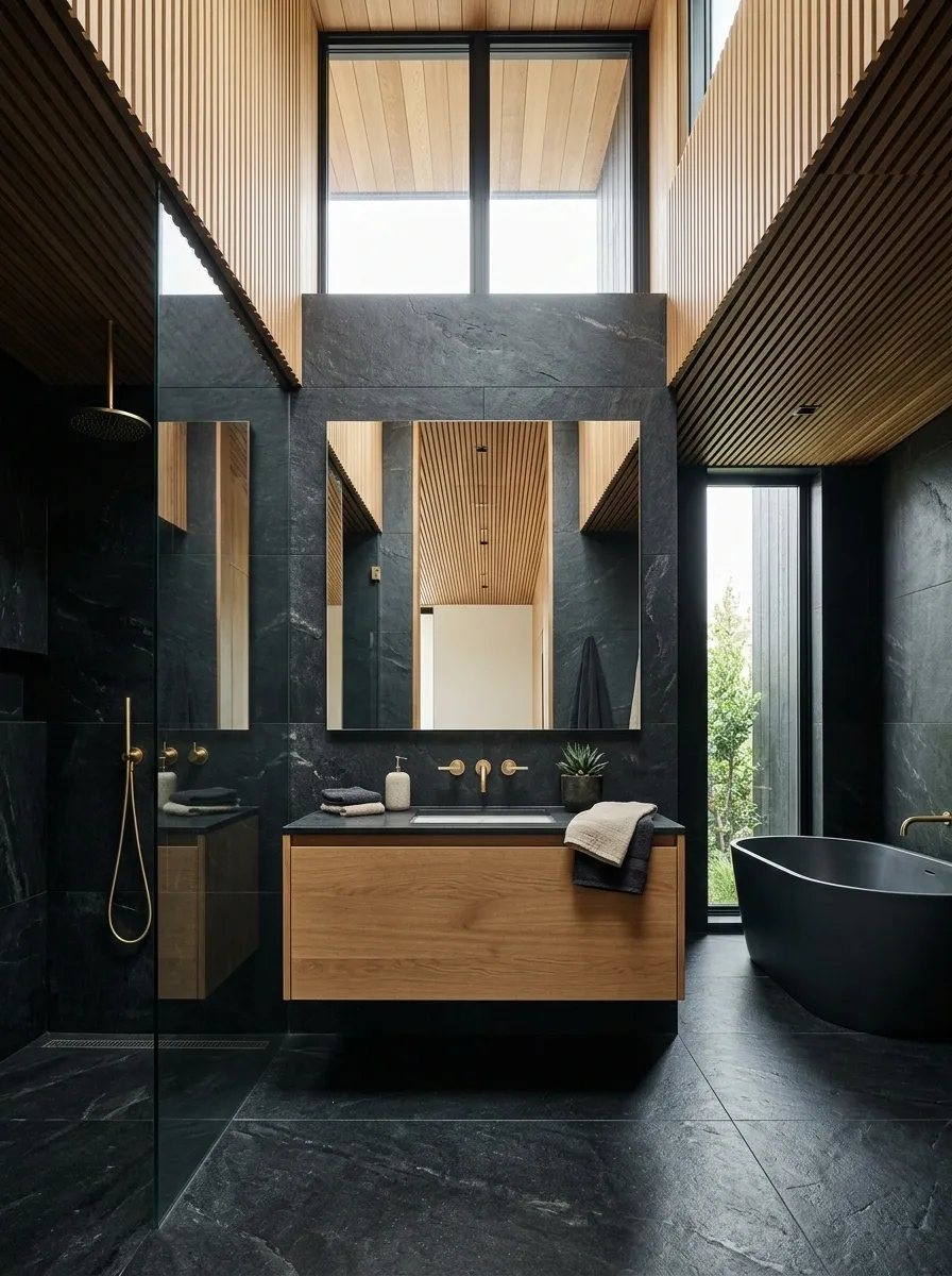 Black Limestone Bathroom With Warm Oak Ceiling Detail