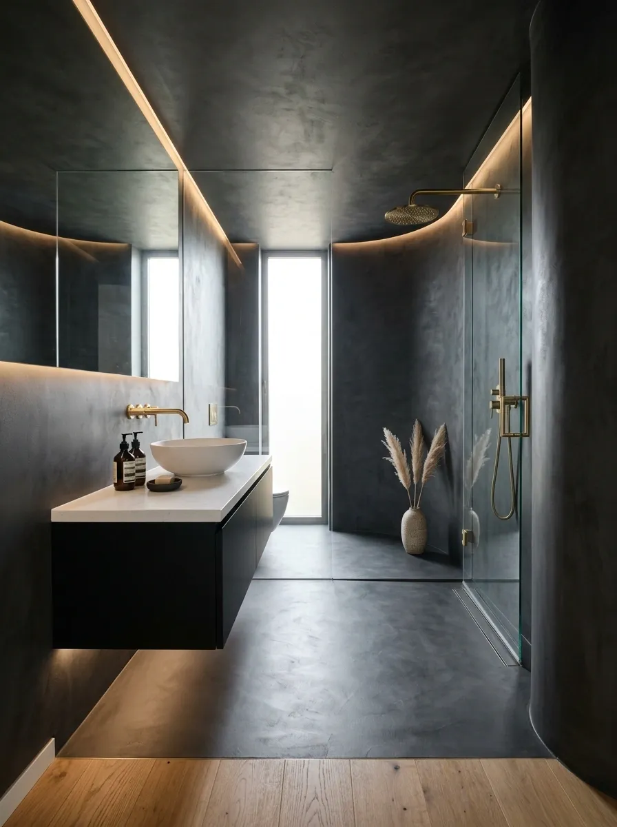 Black Microcement Bathroom With Brushed Gold Plumbing