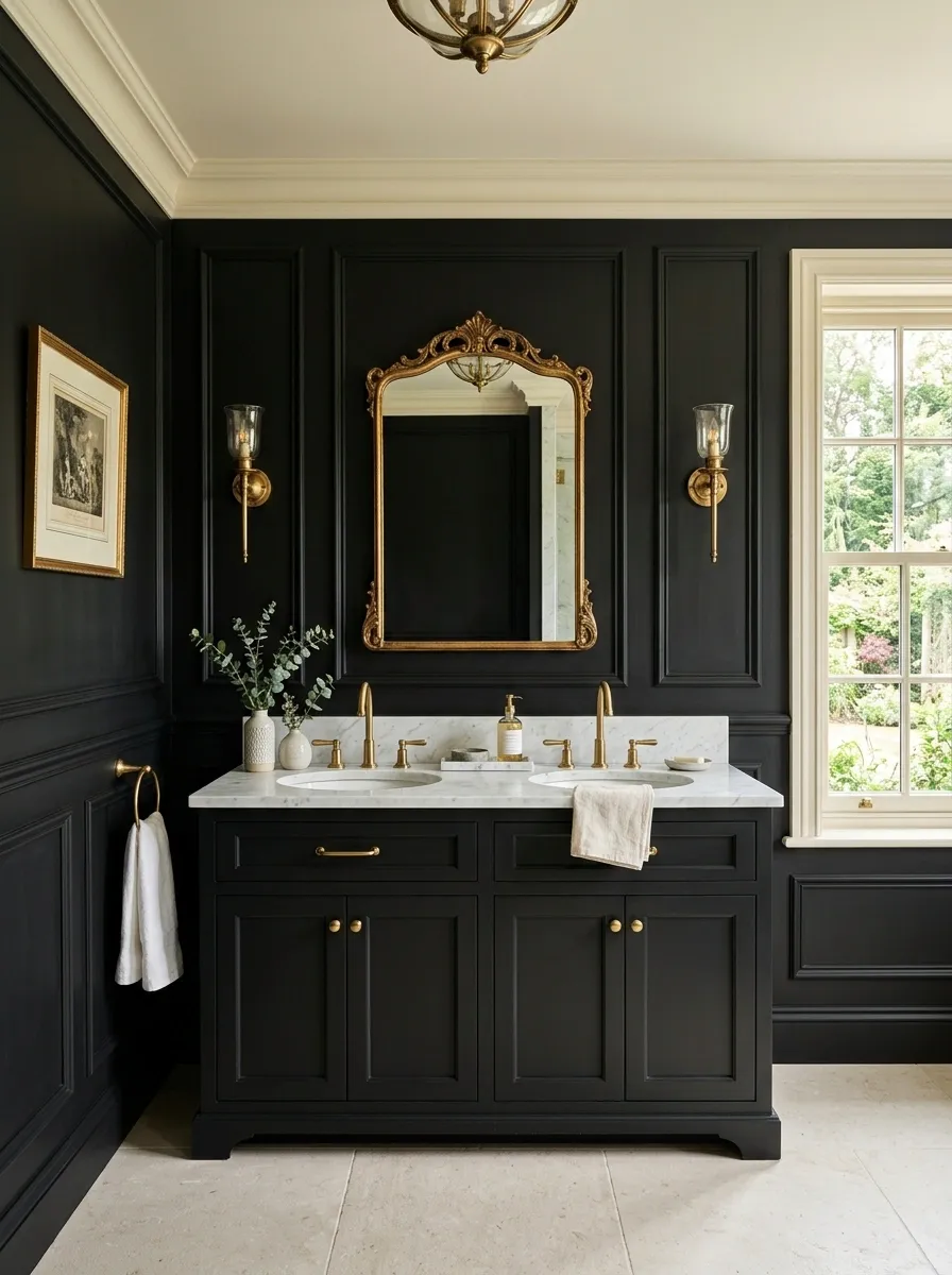 Black Panelled Walls With Vintage Gold Framed Mirror