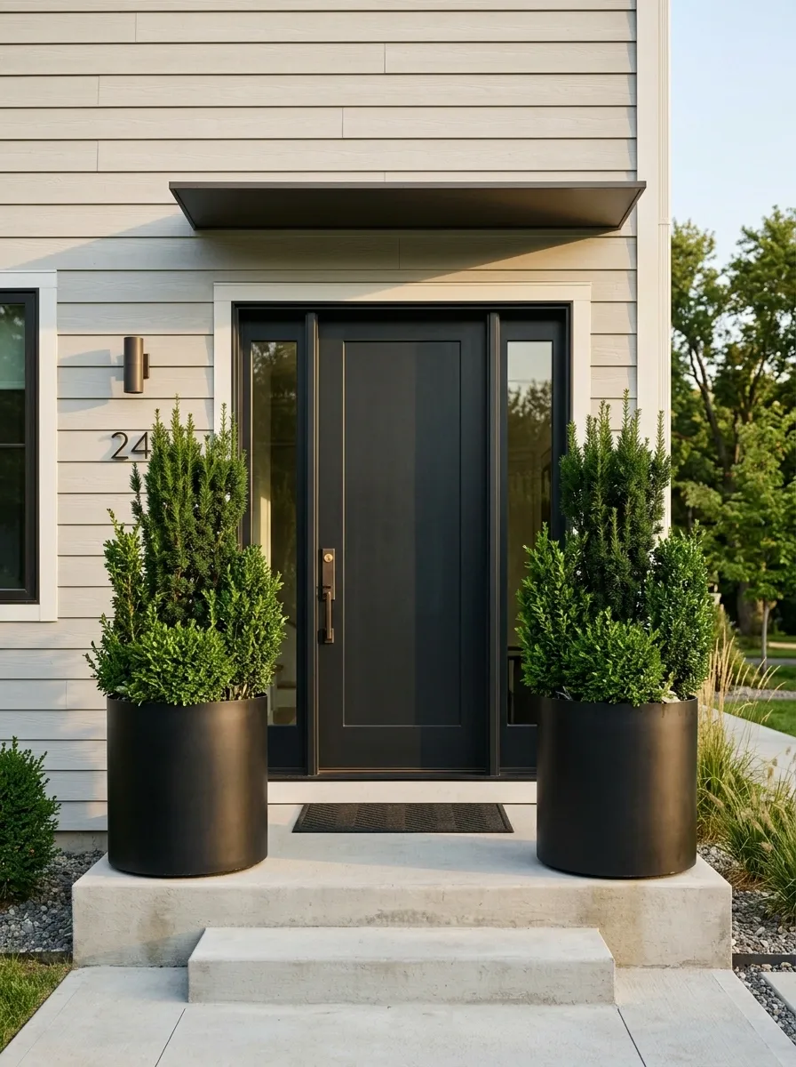 Black Planters With Architectural Evergreen Shapes