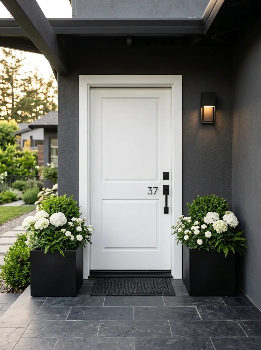 Black Planters With White Flowers