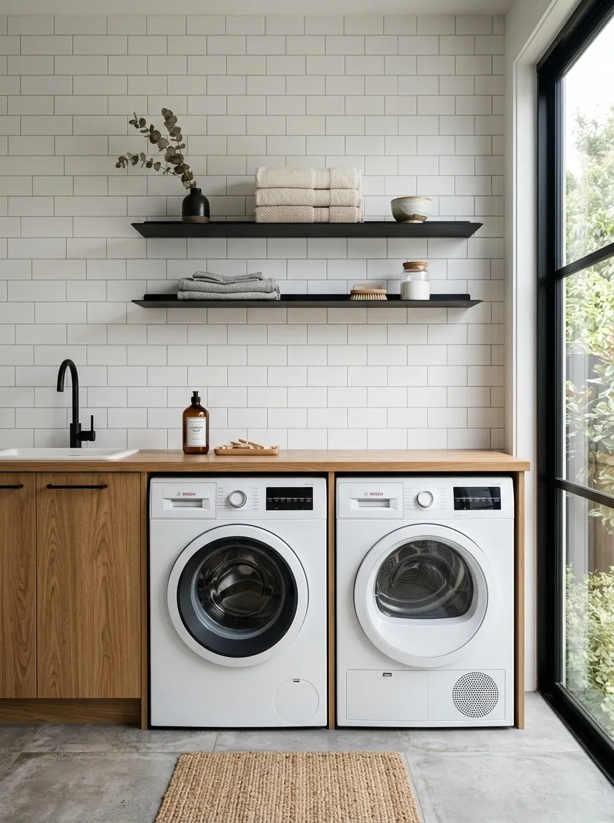Black Shelves With White Subway Tile and Oak Countertops