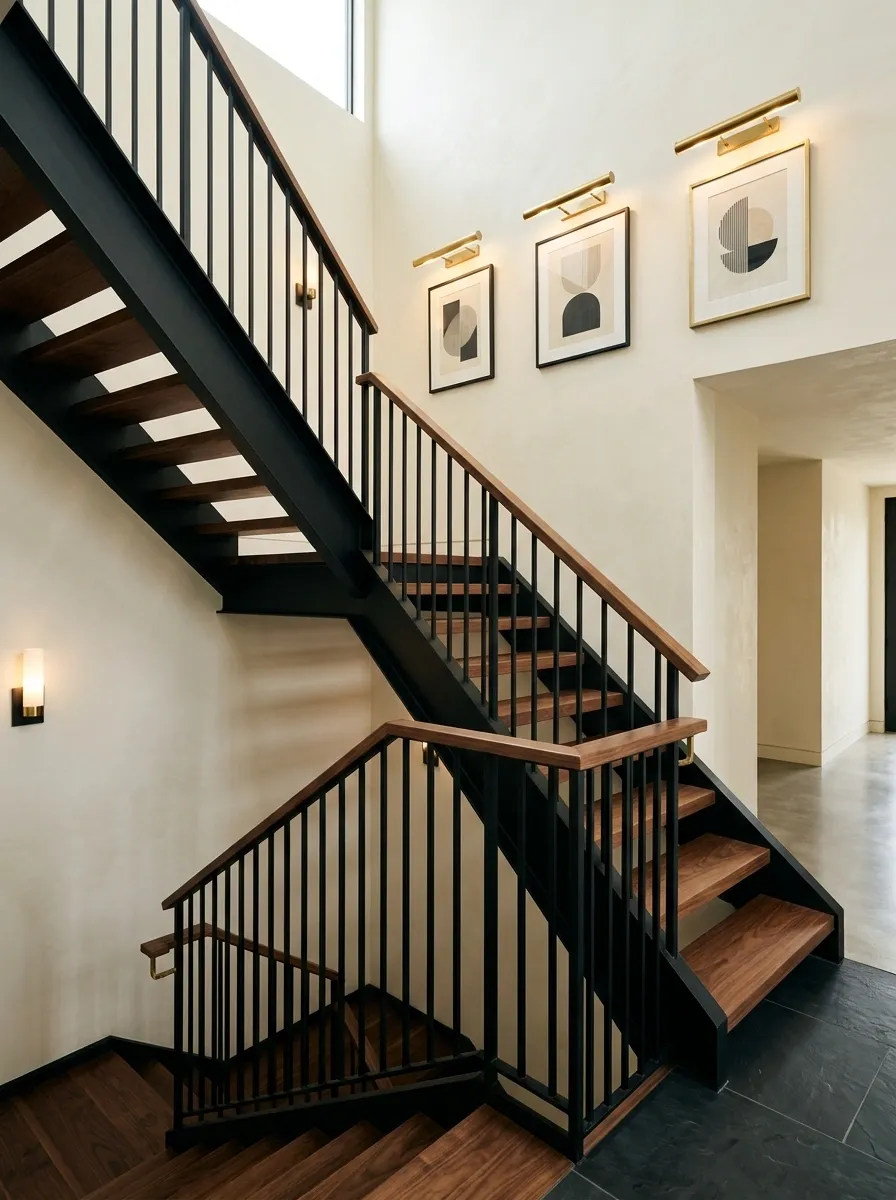Black Staircase With Warm Walnut and Museum-Style Lighting