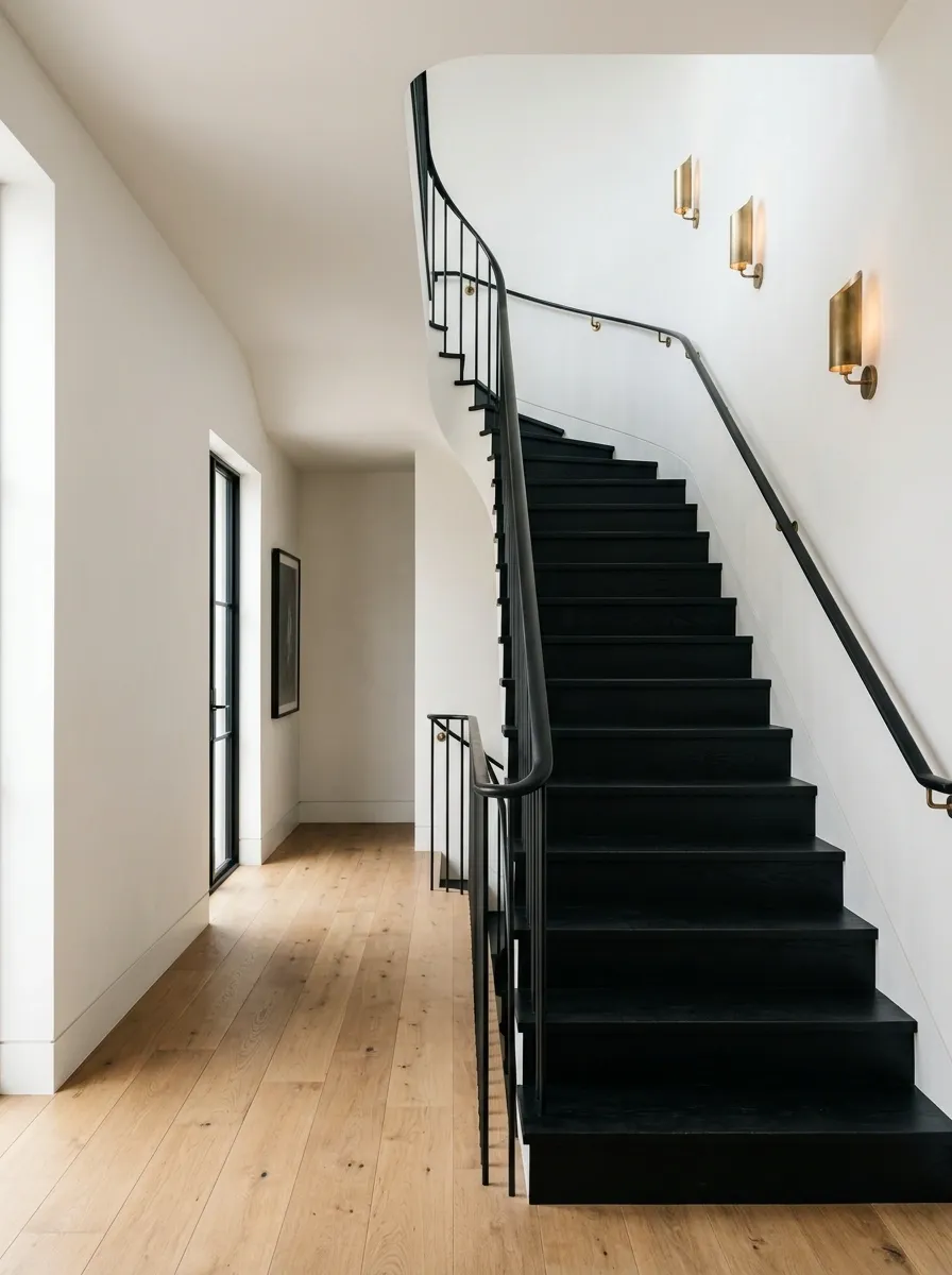 Black Staircase With Warm White Walls and Brass Lighting