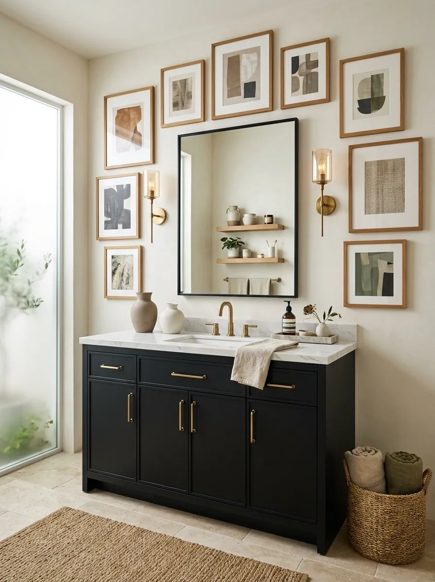Black Vanity Bathroom With Warm Gallery Wall