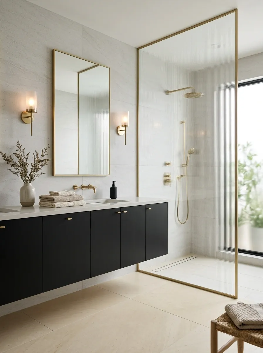 Black Vanity, Ribbed Glass Shower, and Satin Gold Hardware