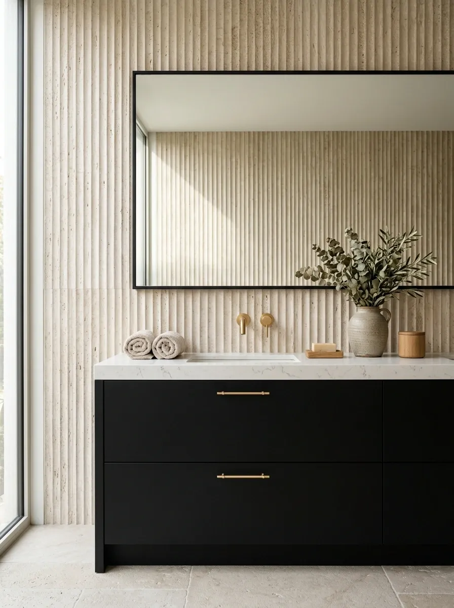 Black Vanity With Fluted Stone Walls and Warm Gold Accents