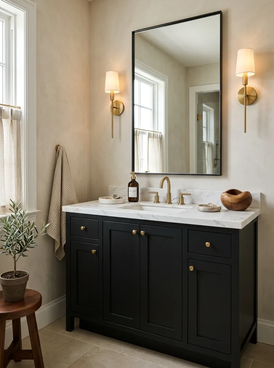 Black Vanity With Honed Marble and Warm Wood