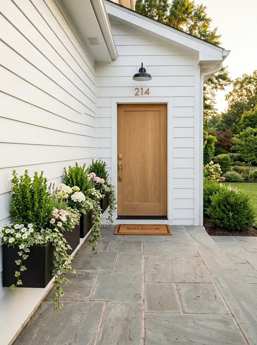 Black Window-Box Style Planters Around a Door