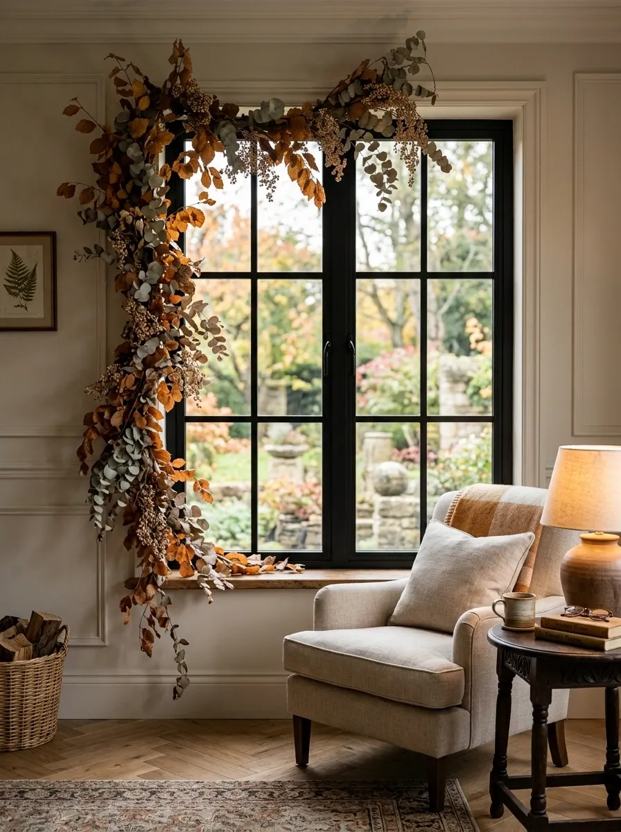 Black Window Frame Wrapped in Amber Foliage