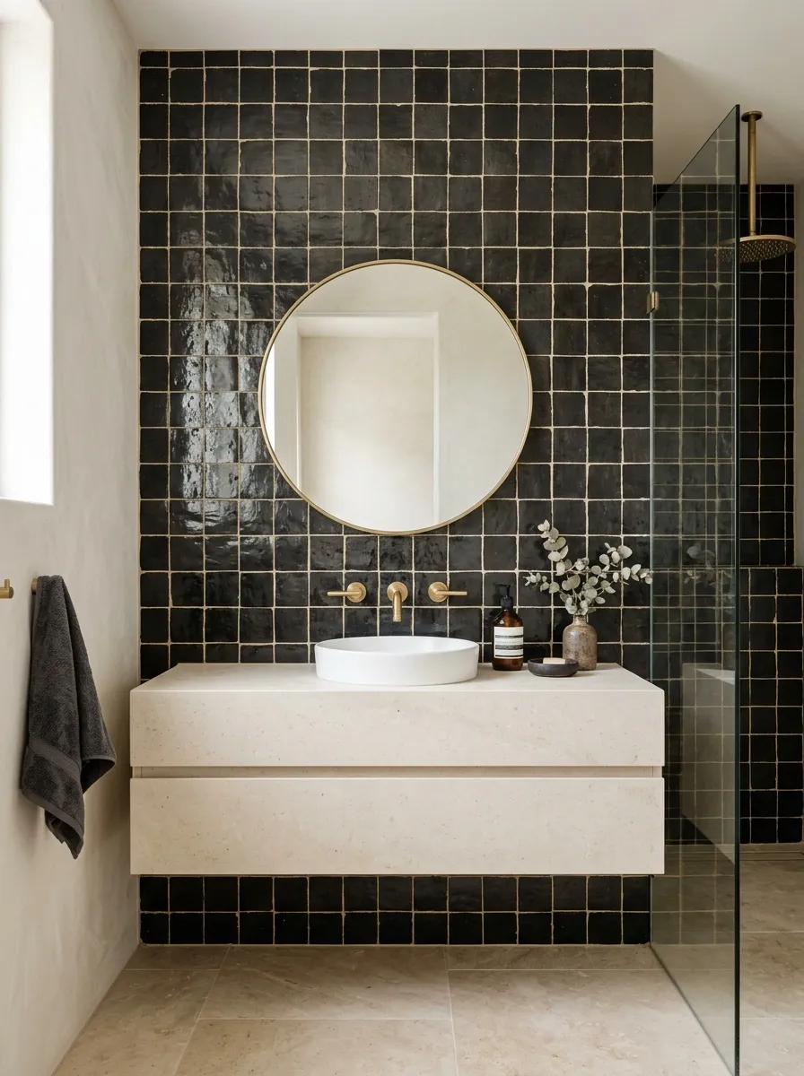 Black Zellige-Style Walls With Aged Gold Fixtures