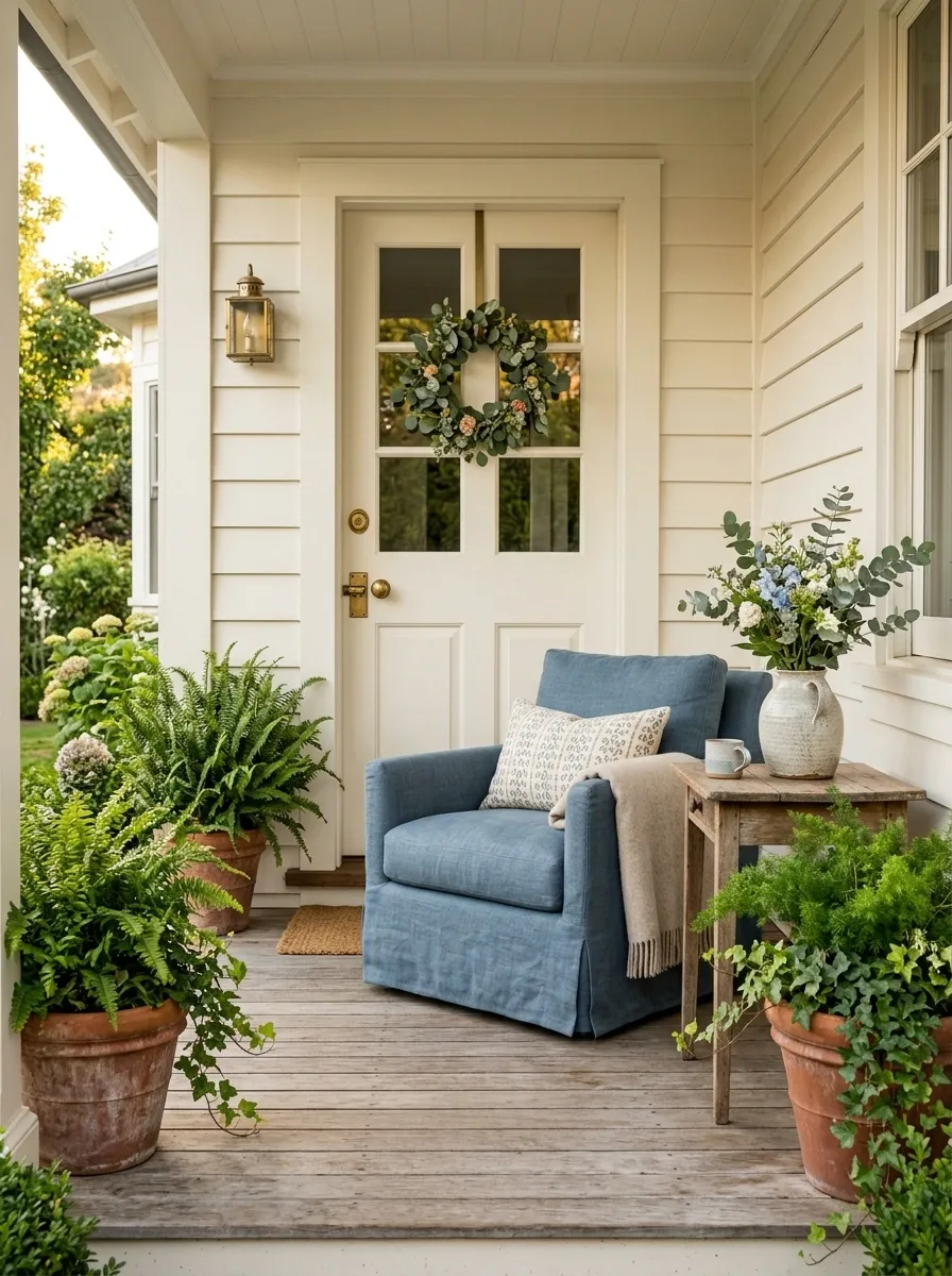 Blue-and-Cream Porch With One Oversized Armchair
