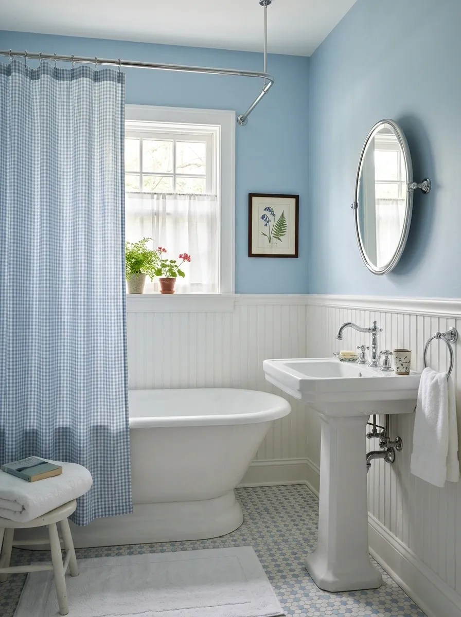 Blue-and-White Cottage Bathroom With Gingham Curtain