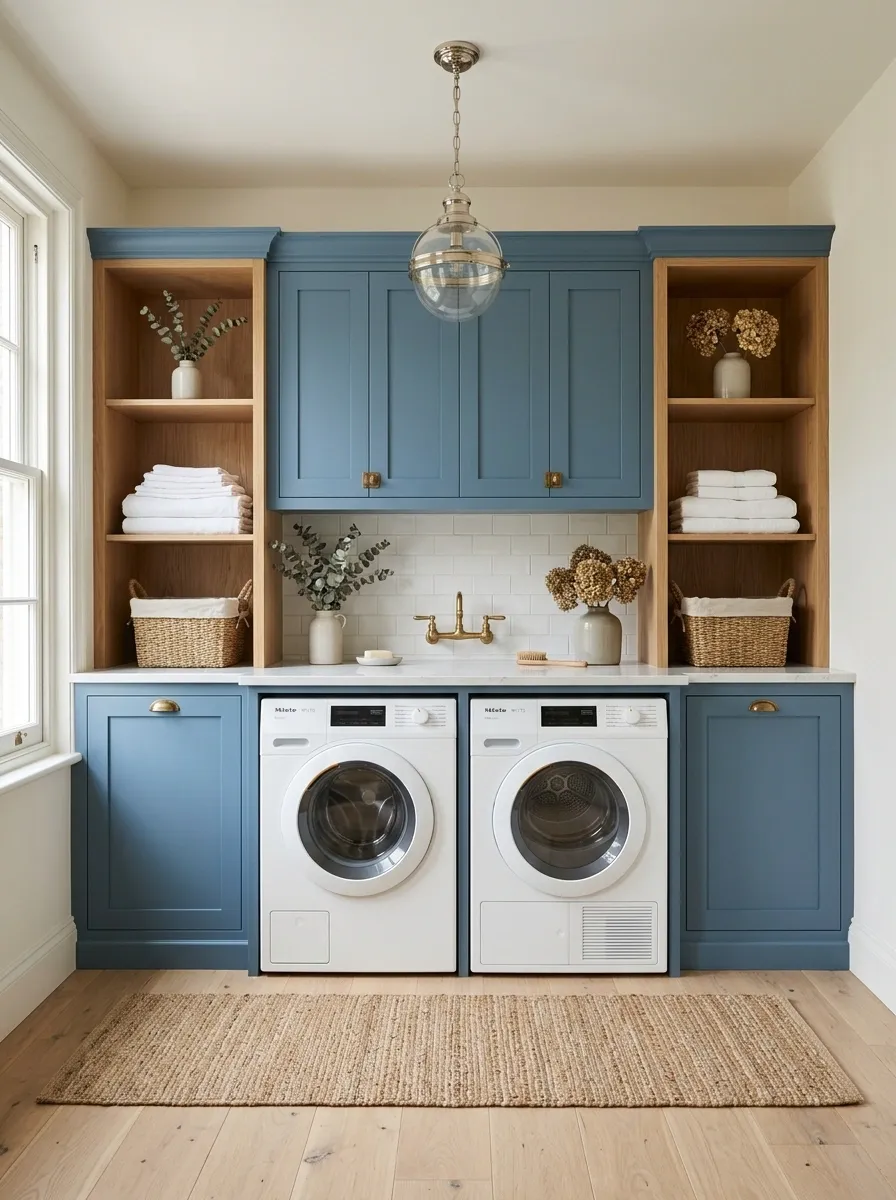 Blue-and-White Laundry Room With Symmetrical Open Shelves