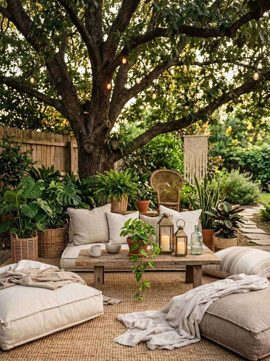 Boho Backyard With Layered Rugs and Floor Cushions