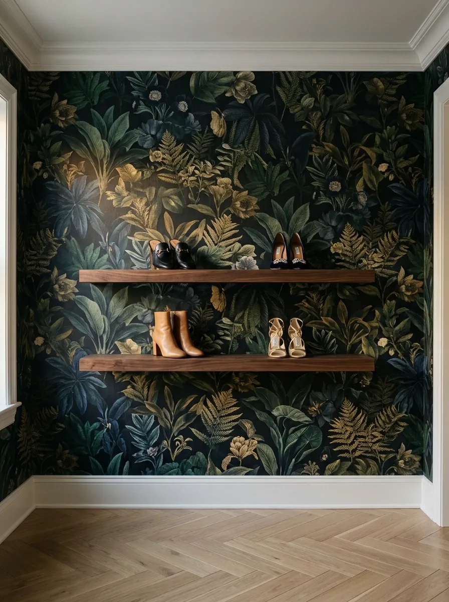Bold Wallpaper With Floating Shelves