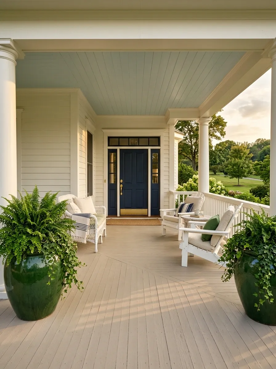 Bright Southern-Style Porch With Large Green Containers