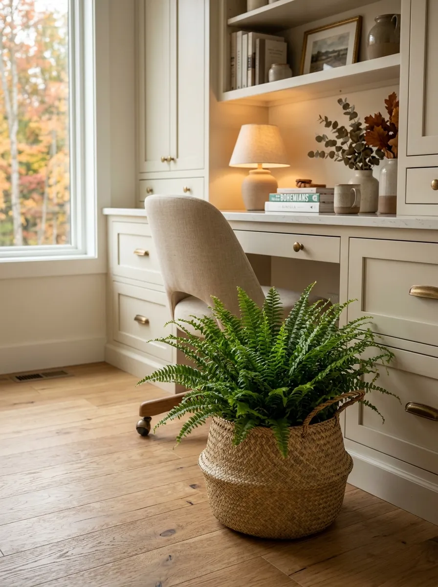 Bring in a low-light friendly fern in a woven seagrass basket