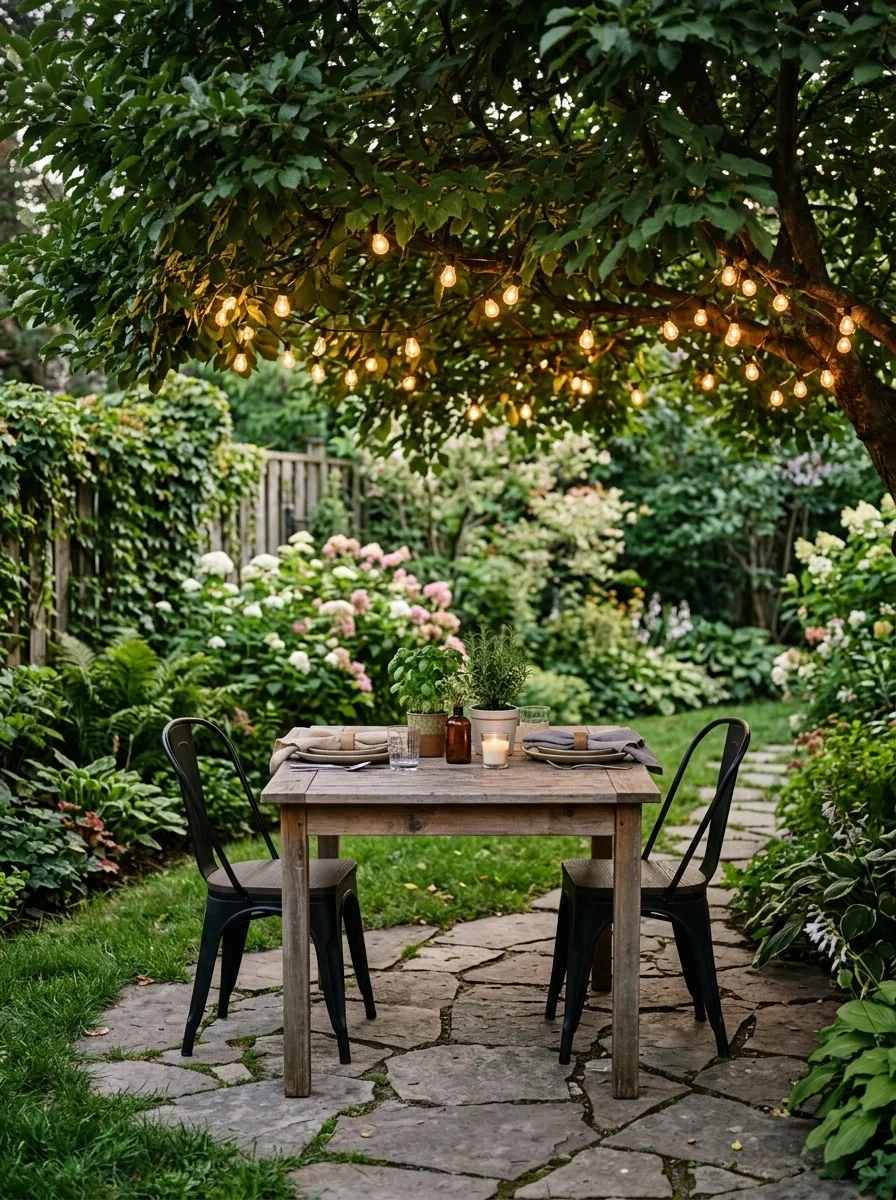 Budget-Friendly Backyard Dining Nook Under String Lights