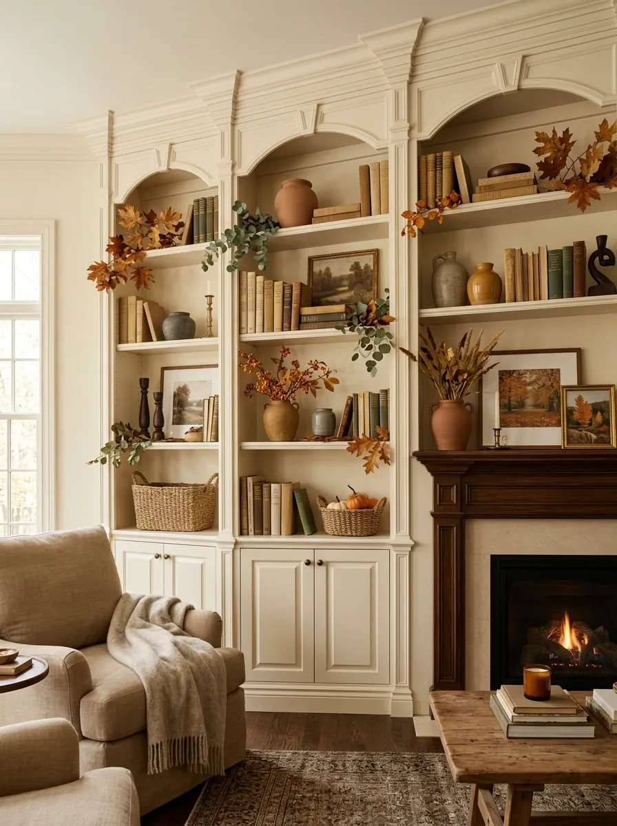 Built-In Bookshelves With Garland Woven Through the Styling