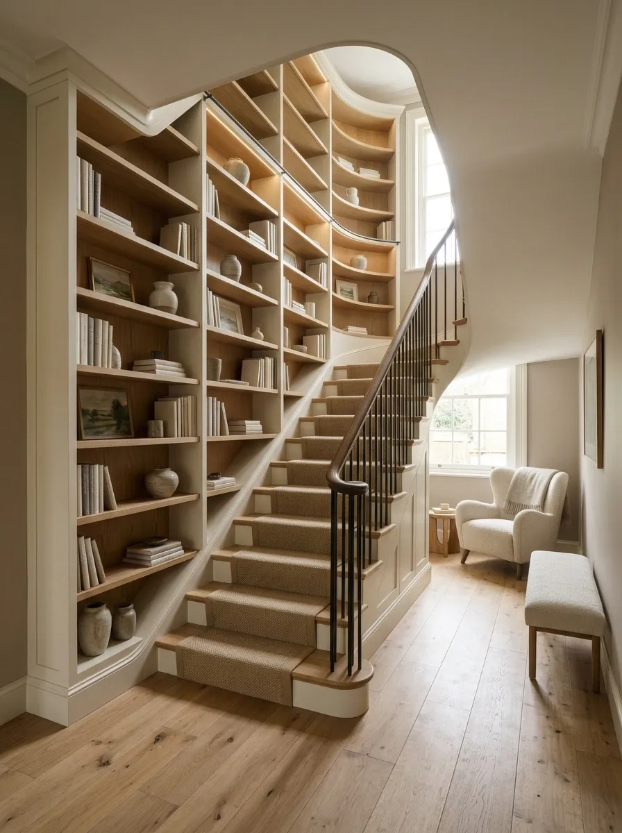 Built-In Staircase Library With Open Shelving