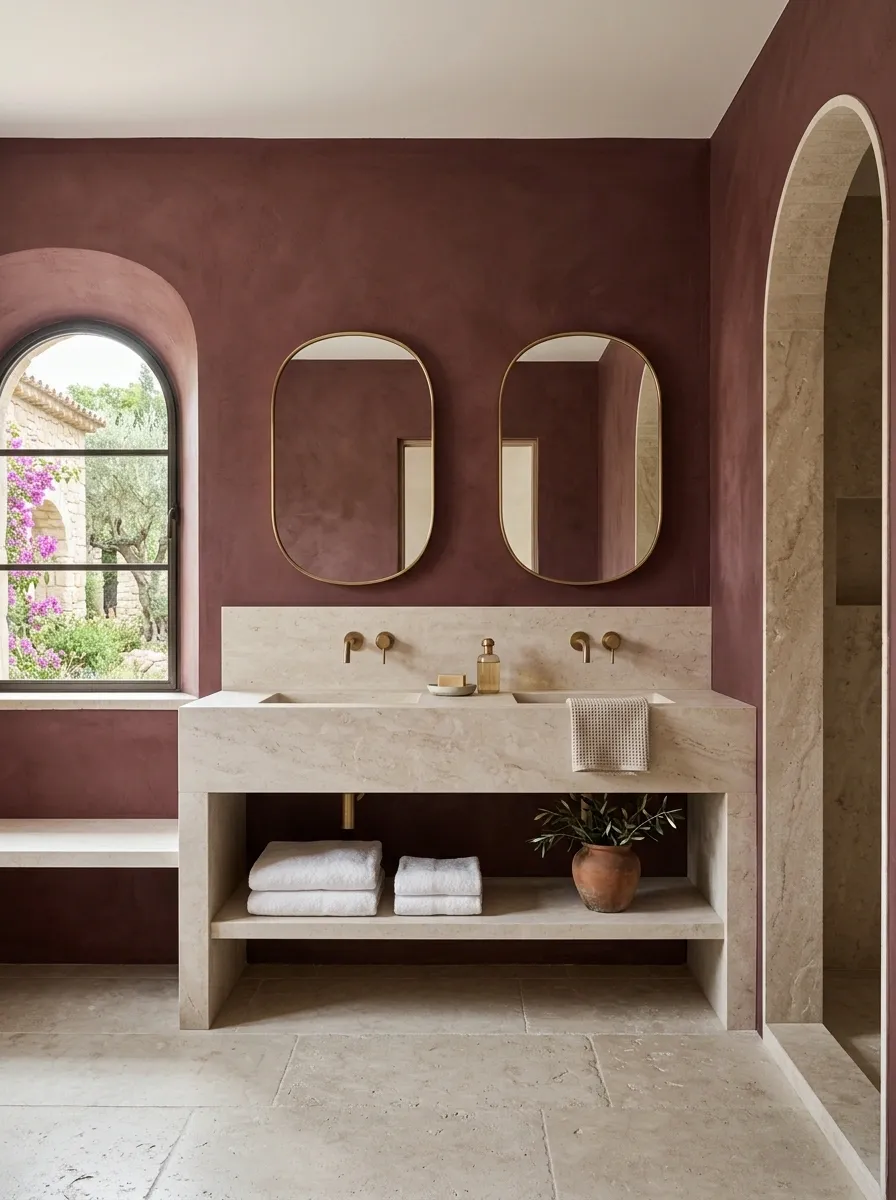 Burgundy and Limestone Bathroom With Soft Mediterranean Influence